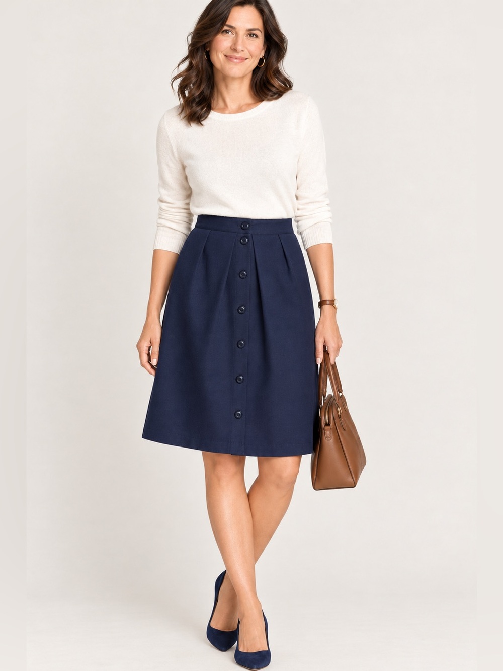J. Crew Navy Button-Front Pleated A-Line Skirt in Double Serge Wool, Size 00